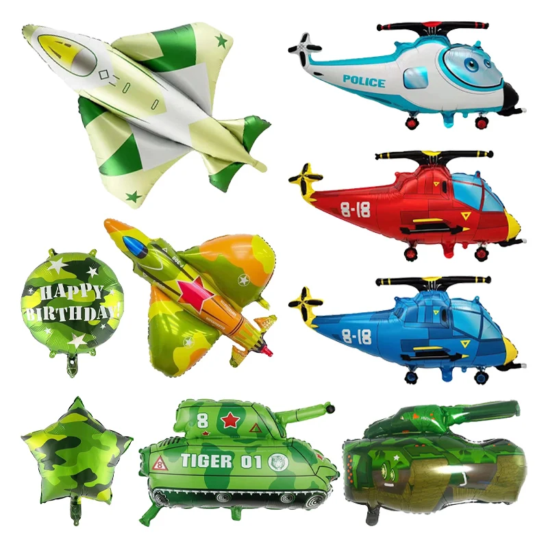 Cartoon Helicopter Combat Aircraft Tank Foil Balloons Kids Birthday Party Decoration Boys Toys Plane Car Shaped Helium Balloon