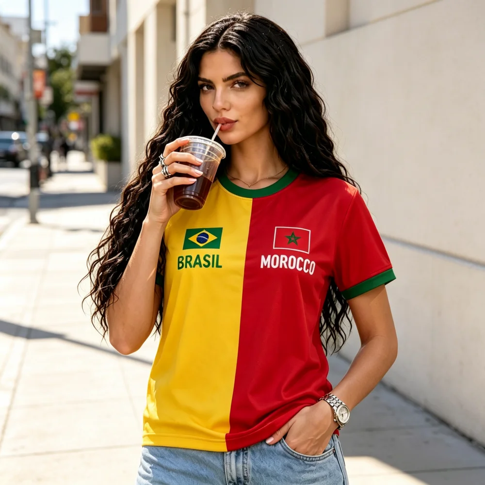 Unisex Brazil Morocco  National Fan Soccer Uniforms New Quick-dry Short Sleeve Dual Country Flag Graphic Sports Family Kids Tees