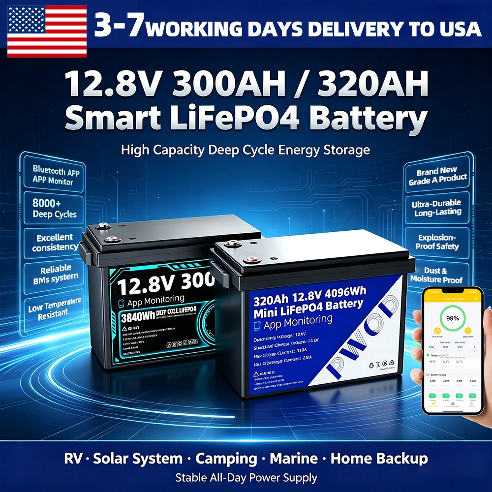 Lifepo4 300Ah/320Ah Battery 12V Brand New Rechargeable LFP Batteries Built-in 4S 200A Smart BMS Grade A Lithium Iron Phosphate Cells 8000+ Cycles Mini Size DIY 12V 24V For RV Marine Yacht Outdoor Trolling Motors Camping Fast Shipping to the United States