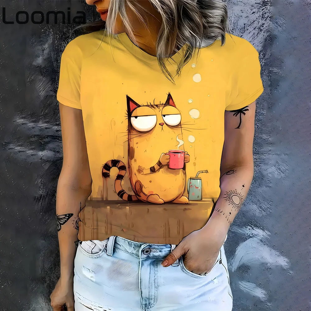 

Funny Animal Woman Clothing Cute Cat Pattern 3D Printed T-Shirts Casual Loose Fitting Short Sleeve Tee Oversized Female Clothing