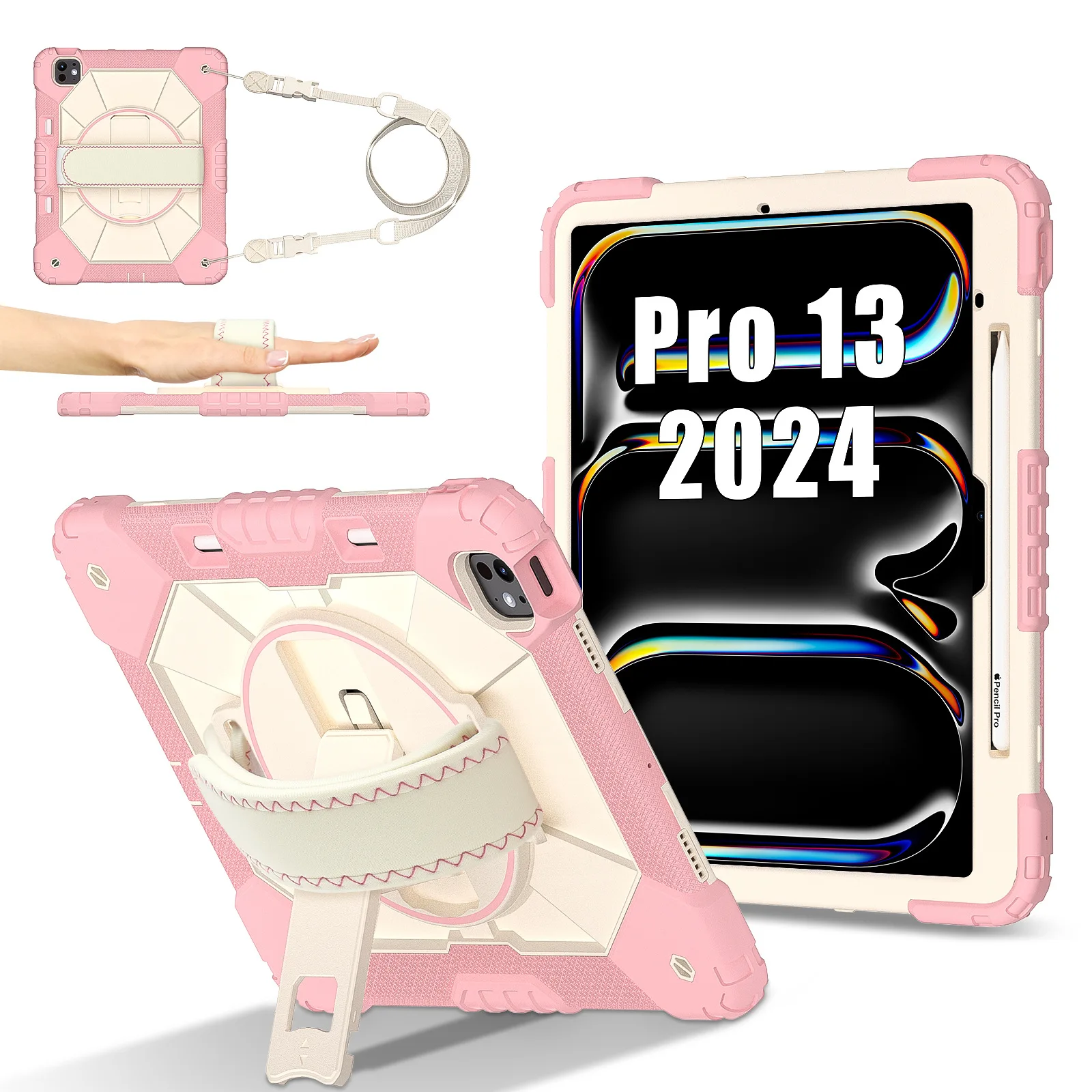 

Для iPad Pro 13 2024, защитный чехол M4, универсальный чехол с вращающейся подставкой и плечевым ремнем