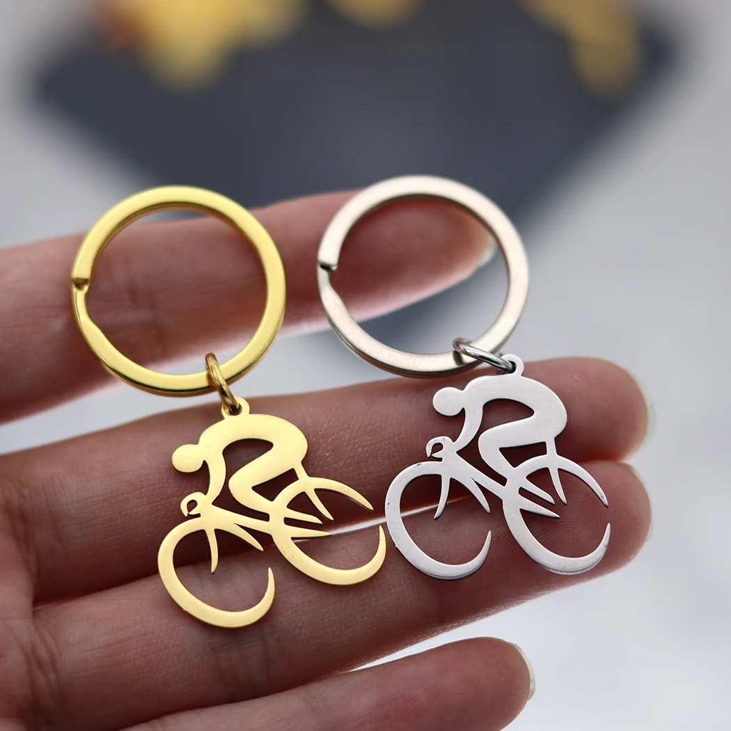 QIMING  Cyclist Bicycle Bike Keychains Women Stainless Steel Jewelry Vintage Key Rings Men Party Gift