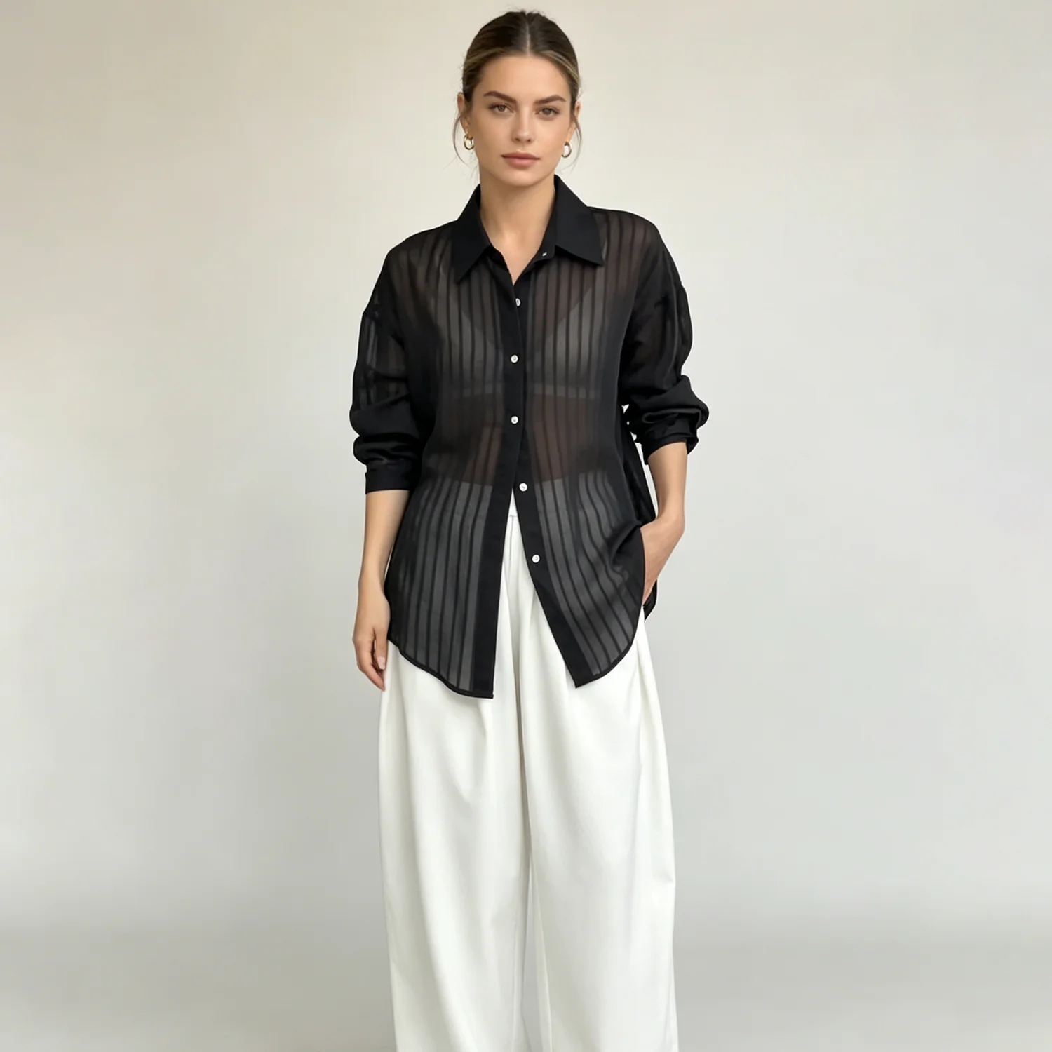 

LIMO 2026 New See-Through Black Striped Shirt, Loose Long Sleeve Casual Sheer Blouse for Women