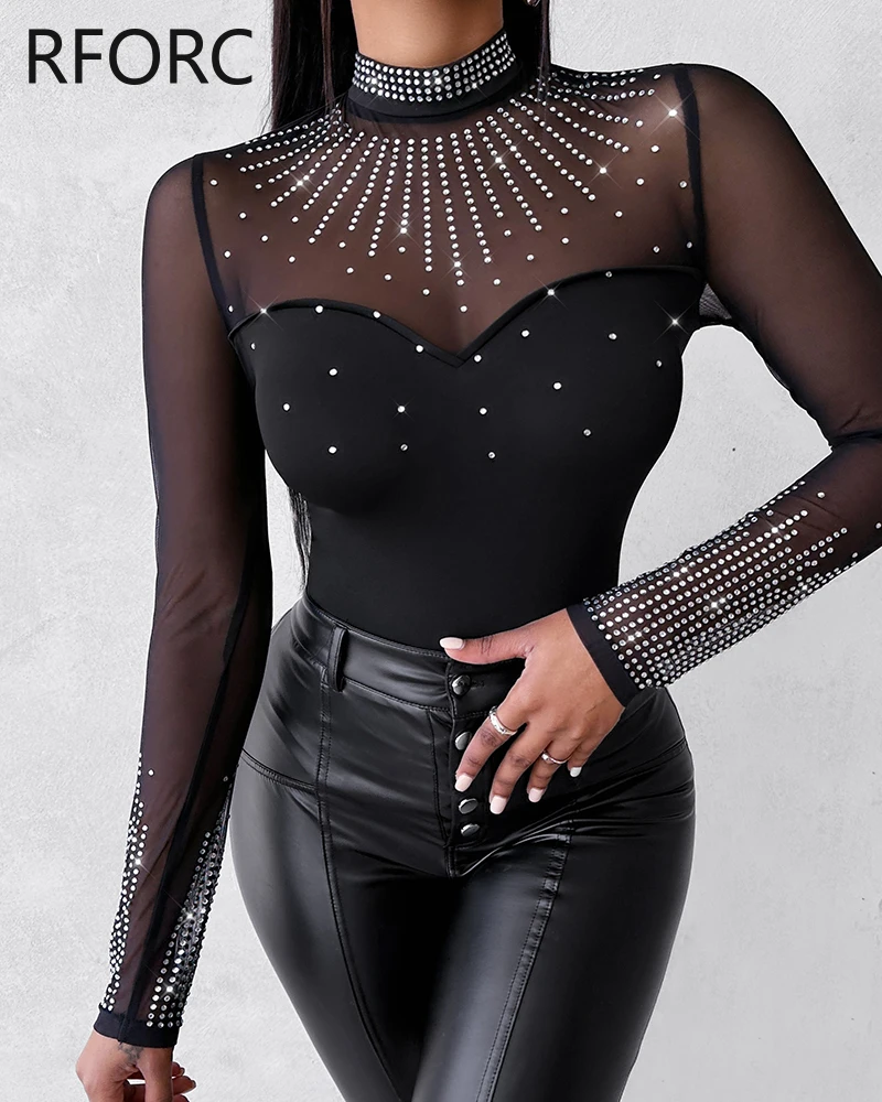 2023 Women Sexy Solid Long Sleeves Contrast Mesh Patch Rhinestone Decor Bodysuits