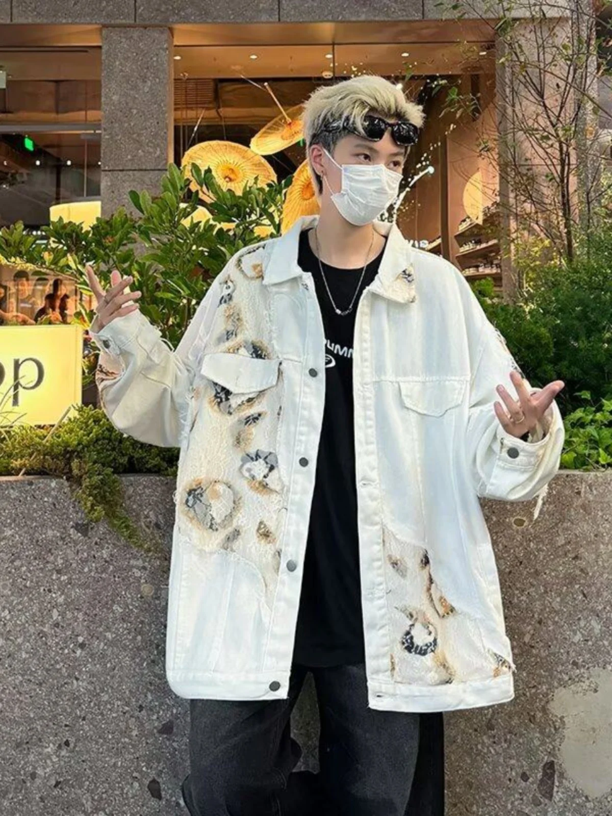 

American Retro Flame Splicing White Denim Jaet Loose Fit Men's Casual Jaet Youth Trendy Design Windproof Long Sve Coat