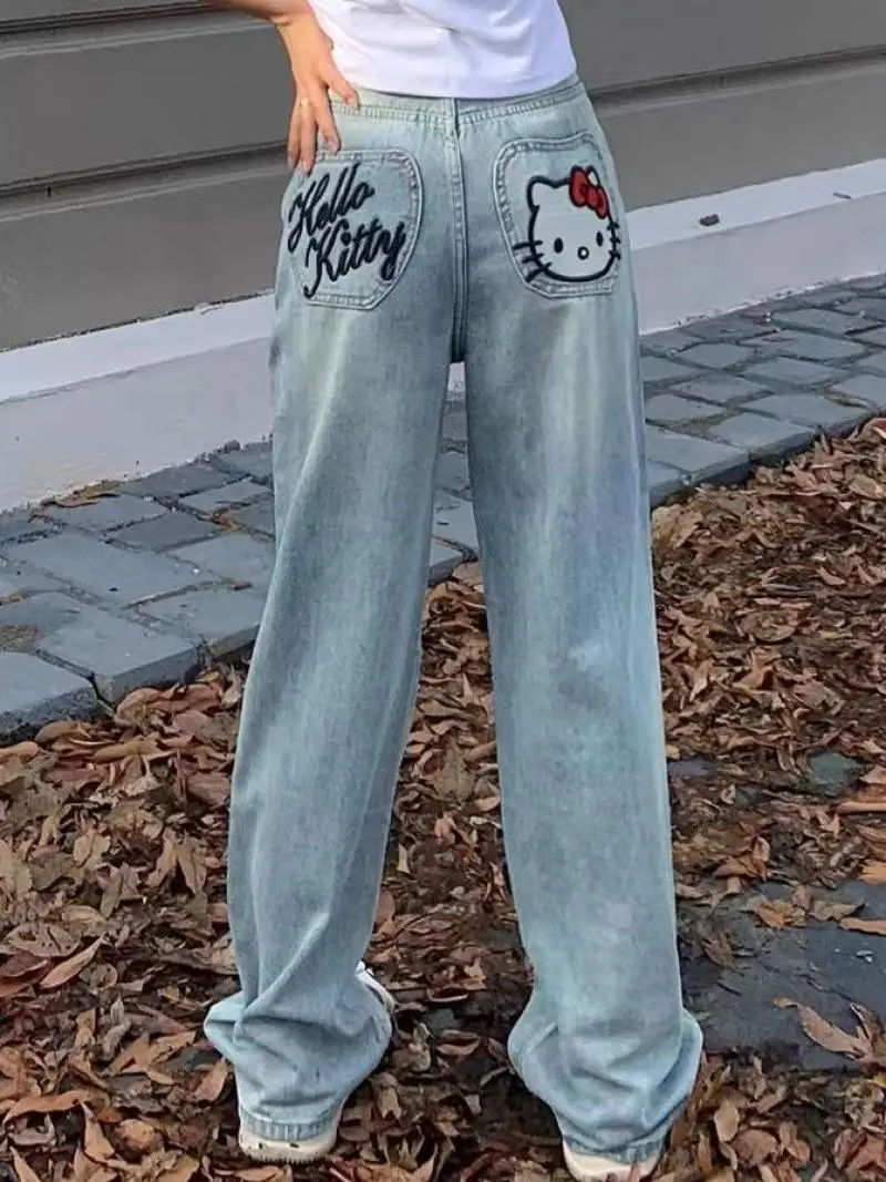

Hot Kawaii Holle Kitty Embroidered Straight Jeans Sanrio Girl Cute Student Versatile Loose Slimming Wide Leg Pants Casual Wear