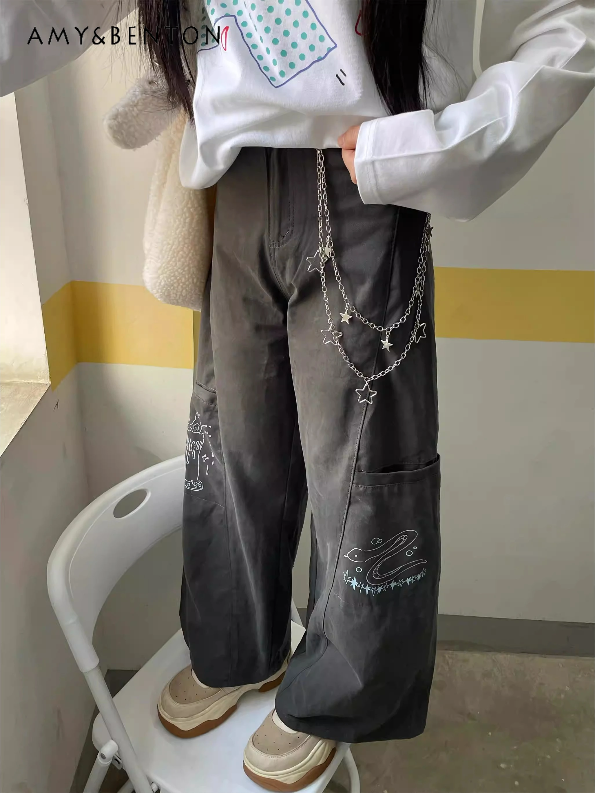 

Spring Autumn Cute Subculture Women's Cartoon Snake Print Chain High-Waisted Versatile Loose Slimming Straight Wide-Leg Pants