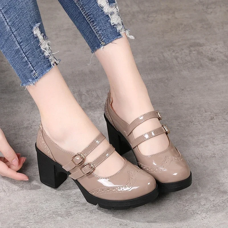 Ladies High Heels British Style Double Buckles Strap Patent Leather 7CM Square Heel Shoes Women Mary Jane Shoes Platform Shoes