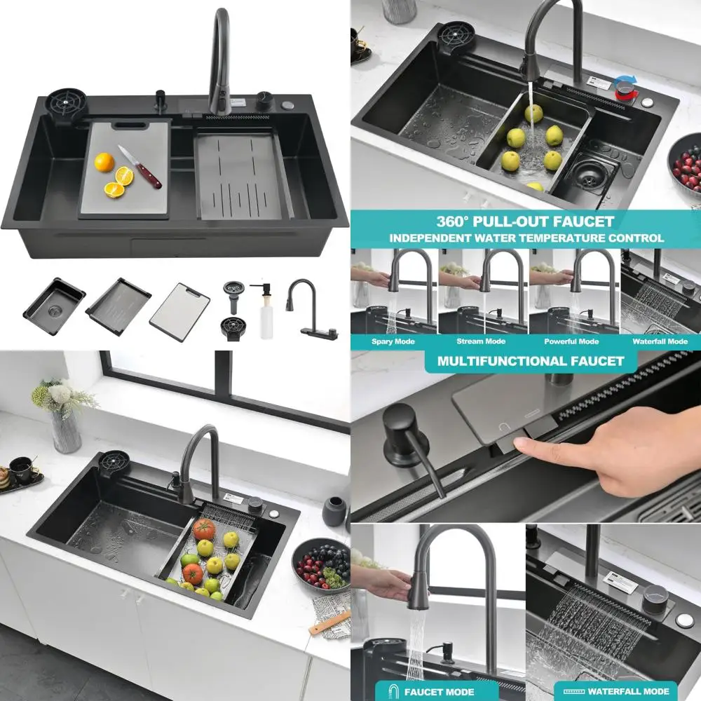 

27 Inch Drop-In Single Bowl Stainless Steel Kitchen Sink with Waterfall Edge and 2-in-1 Faucet