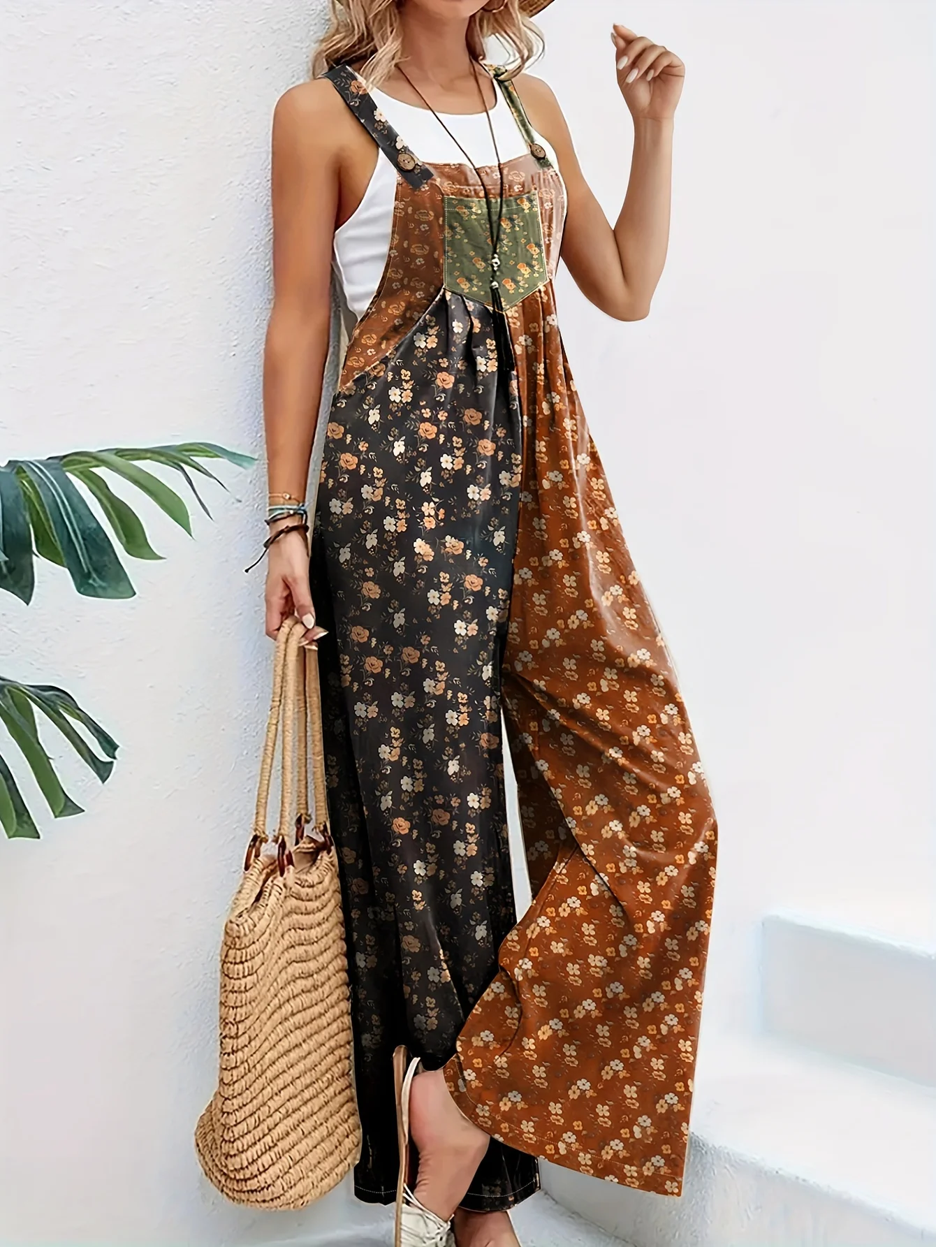 

Elegant women's fashionable color-block floral print one-shoulder suspender button bib pants