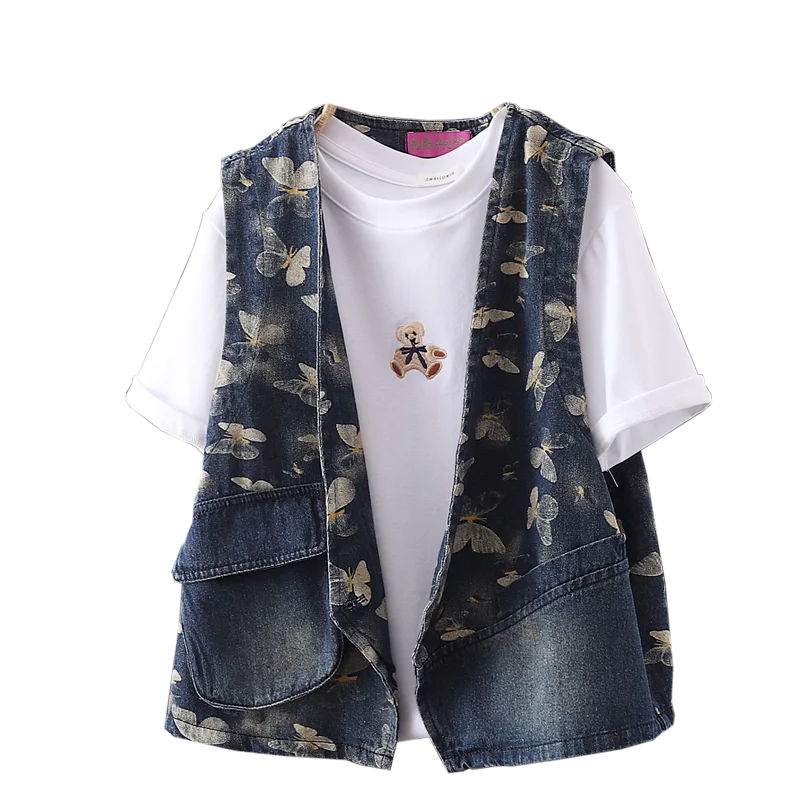 Dames V-Hals Dunne 2024 Lente En Zomer Nieuwe Veelzijdige Losse Mouwloze Korte Bedrukte Patchwork Zakken Casual Denim Vest Jas