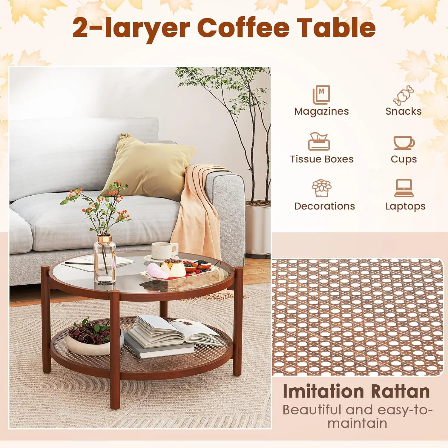 Boho 2-Tier Round Rattan Coffee Table - Glass Top with PE Rattan Storage Shelf & Wood Frame,