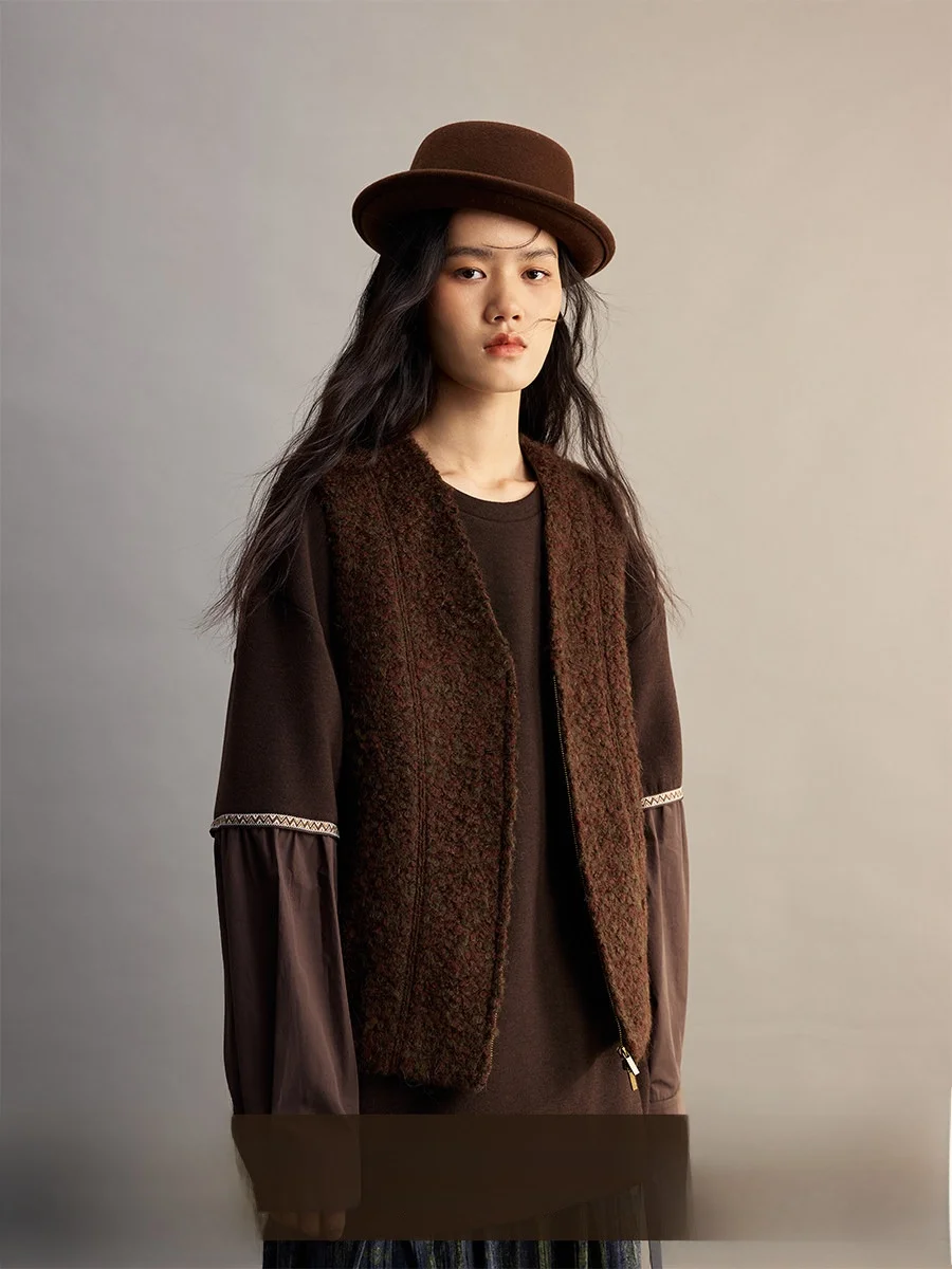 

CAREMIND Women's Vintage Mixed Brown een Color Circle Texture Vest Outerwear Wool Blend Zipper Closure V-Ne Regular Length