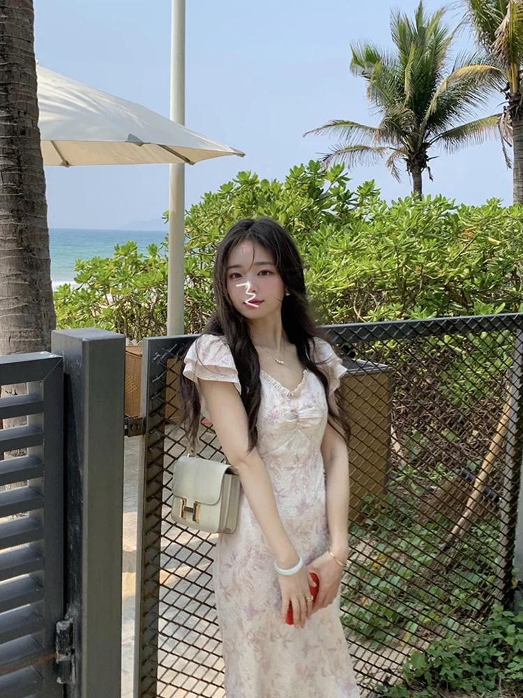 Zoete zachte bloemenprint A-lijn Dr dames lente zomer afslankende lange rok ort Sve V-Ne Bubble Sve-jurk