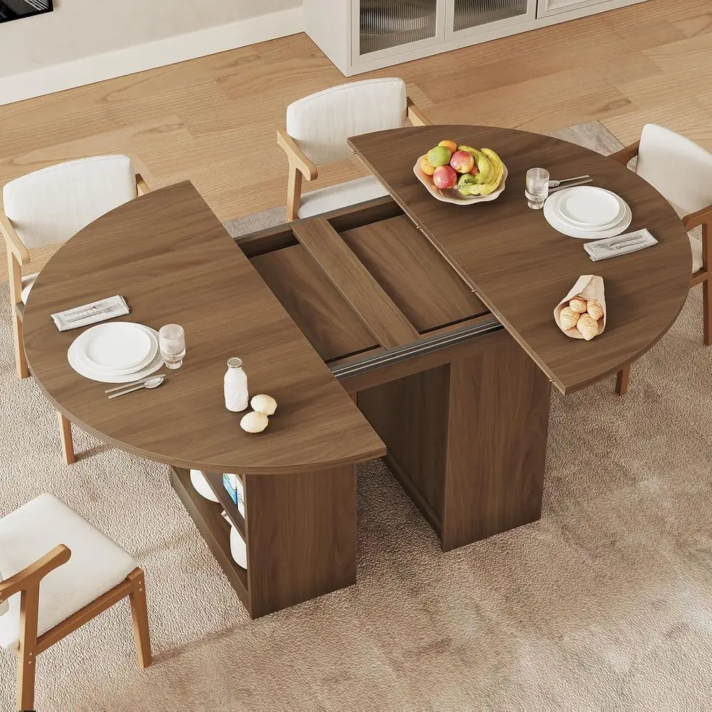 

Elegant Walnut 59 Dining Table with 3-Tier Storage Racks and Adjustable Shelves