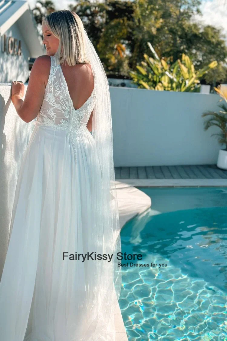 FairyKissy-Vintage V-Neck Lace Applique Boho Vestidos de Casamento, Custom Made, Side Slit, Praia A Line, 2020