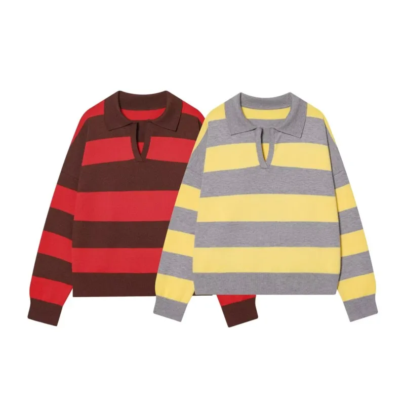 

Autumn New Arrivals Streetwear Fashion Polo Shirt Women's Striped Knit Sweater Long Sleeve Retro Style Top