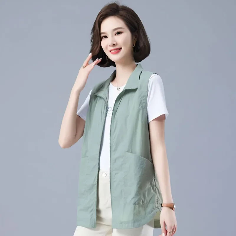 Women Casual Sleeveless Vest With Zipper And Pockets Mid Length Loose Fit For Summer Wear