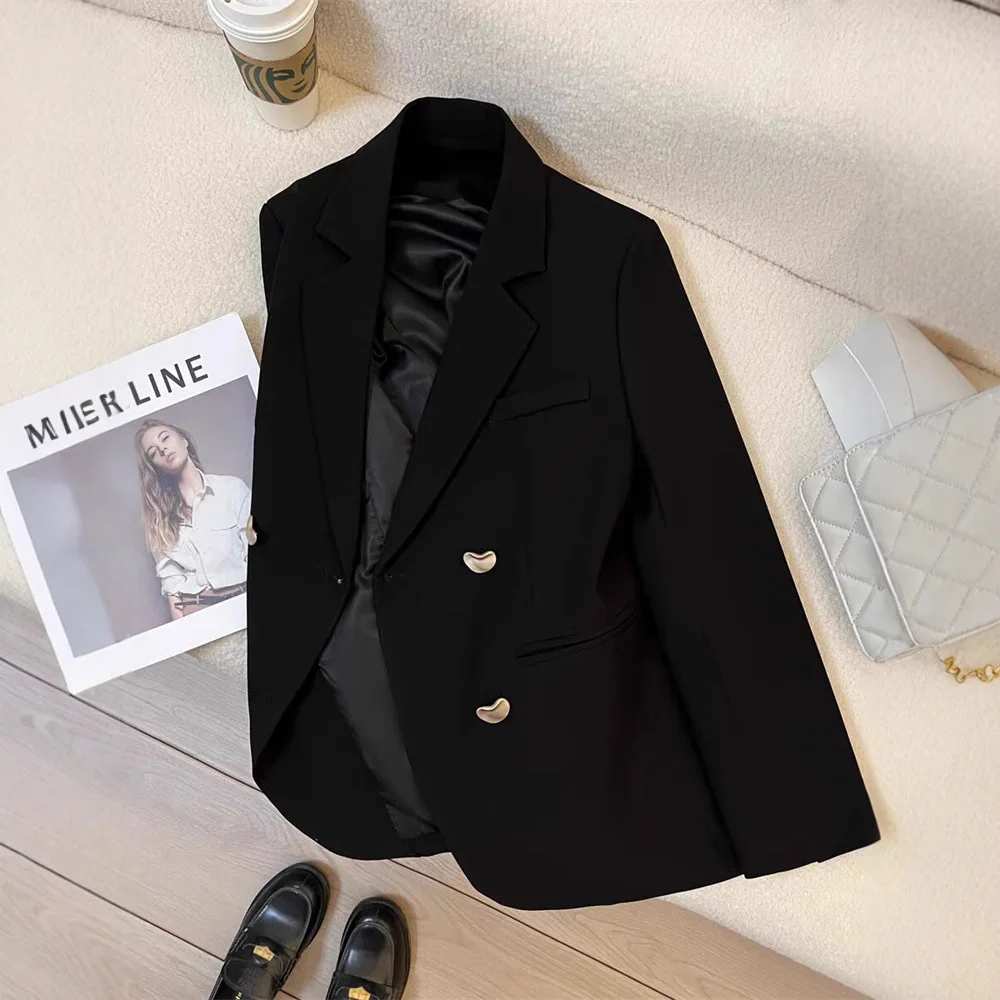 Women Blazer Jacket Y2k Streetwear Solid Double Breasted Lapel Long Sleeve Pockets Formal Coat Outerwear Loose Work 2026 Autumn