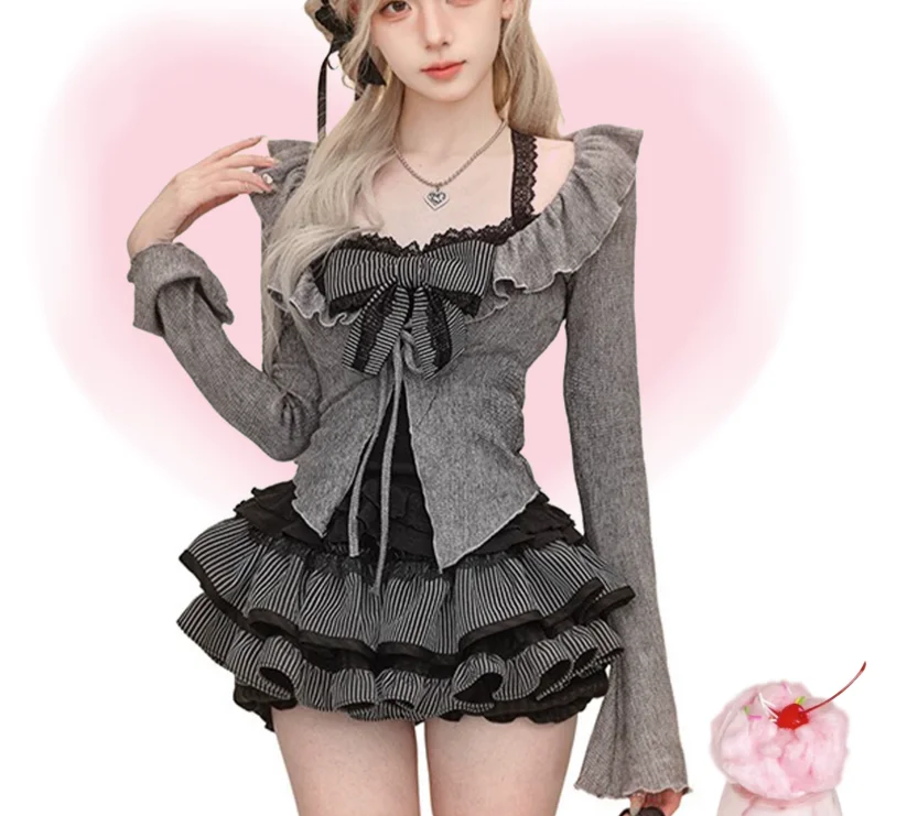Summer Sweet Gothic Dark Black Gray Lace-up Top Long Sleeve Knitted Cardigan Short Plaid Fashion High Waist A-line Cake Skirt