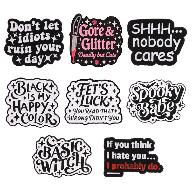 Pastel Goth Spooky Babe Enamel Badge Basic Witch Gore Glitter Deadly But Cute Quotes Pins Halloween Brooches Jewelry Gifts