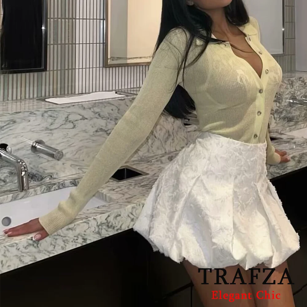 

TRAFZA Vintage Chic White Empire Mini Skirt Fashion 2024 Spring Summer Jacquard Lantern-Style Zipper Short Skirt Sweet Y2K Skirt