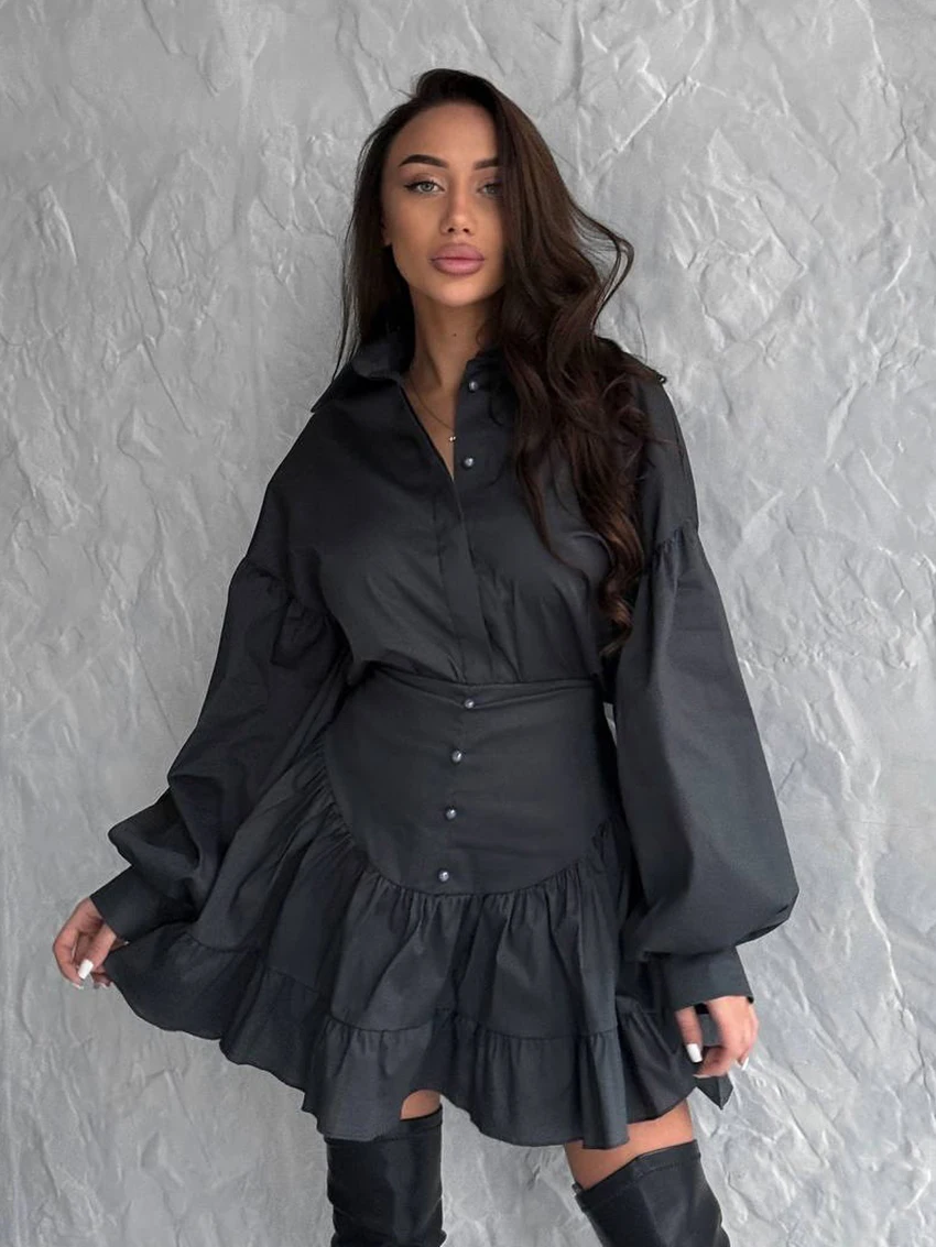 

Marthaqiqi Autumn Casual Ladies Pajamas Set Long Sleeve Sleepwear Turn-Down Collar Nightgown Skirts Cotton Female Nightwear Suit