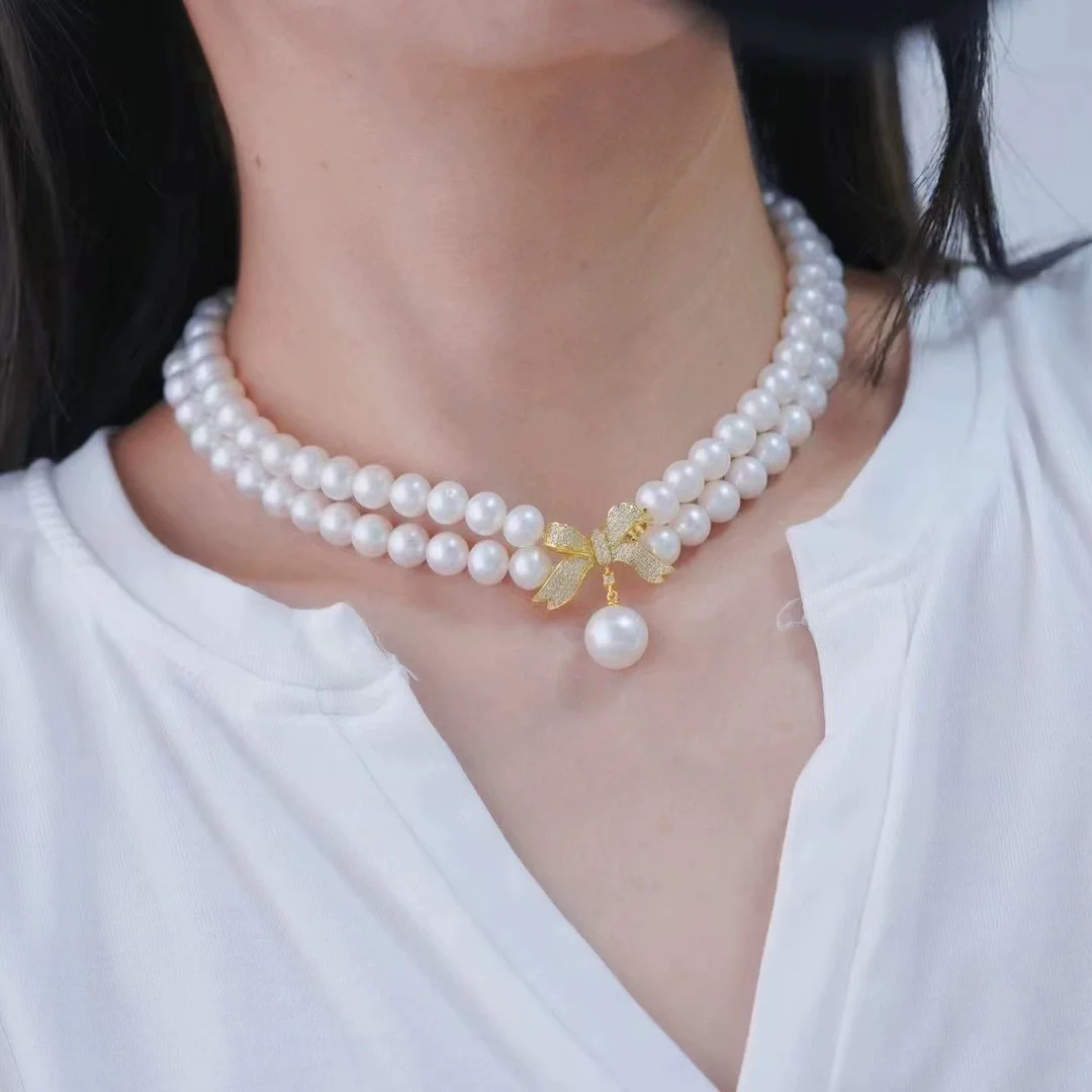 Newly designed 2-row AAA+6-7 millimeter round white natural Akoya pearl necklace 925 sterling silver 16-17 inch