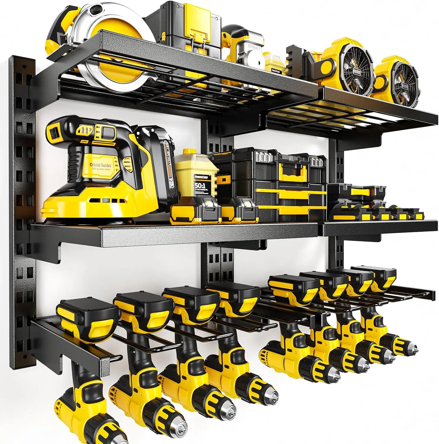 

Large Modular Power Tool Organizer Wall Mount With 6 Adjustable Shelf, Heavy Duty Iron Tool Storage Rack Loads 300lbs wi