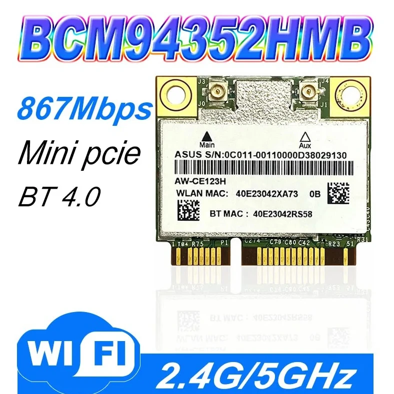 Беспроводная сетевая карта KK 2026 Bcm94352Hmb Half Mini PCIe, 802.11ac, 867 Мбит/с, двухдиапазонная (2,4 ГГц и 5 ГГц), Wi-Fi, Bluetooth 4.0