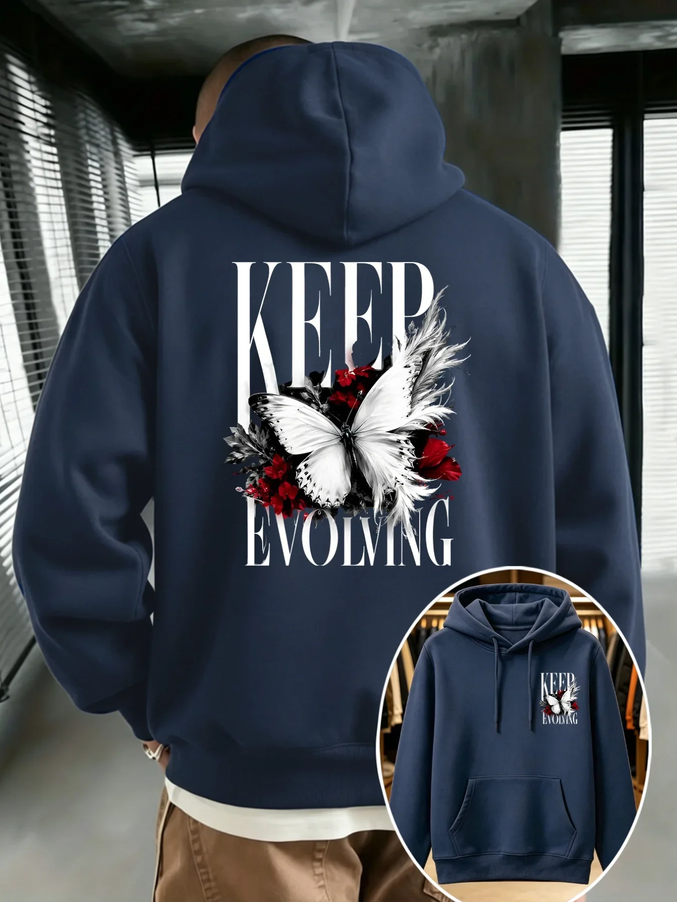 Aesthetic Art Men Hooded Sweatshirt Keep Evolving Butterfly Rose Graphic Print Autumn Winter Fleece Lined Casual Hoodie