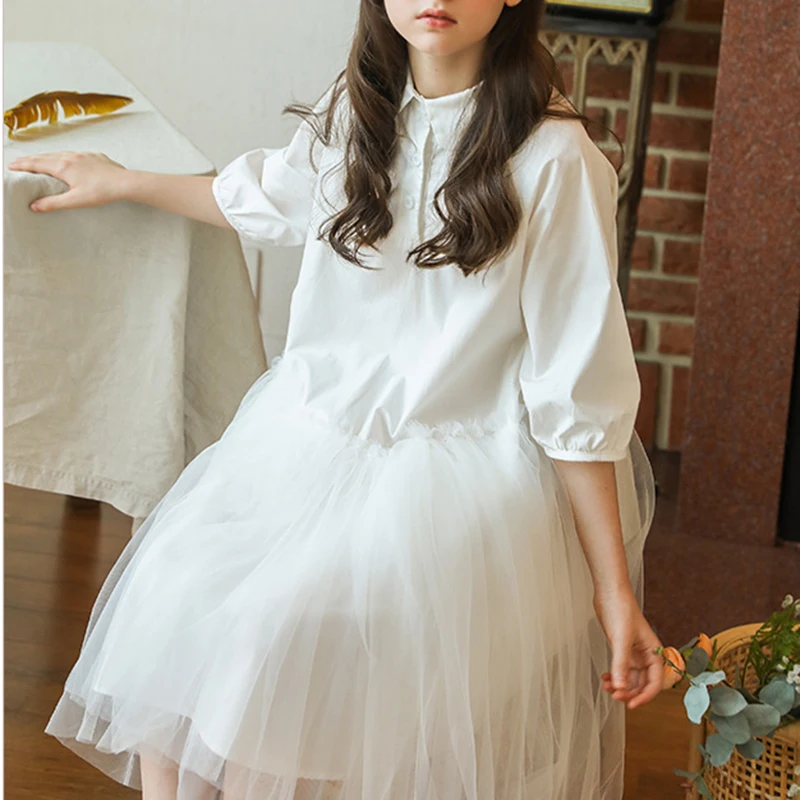 Girls' summer dress new mid to large children's summer short sleeved mid to large children's mesh skirt girls' stylish skirt