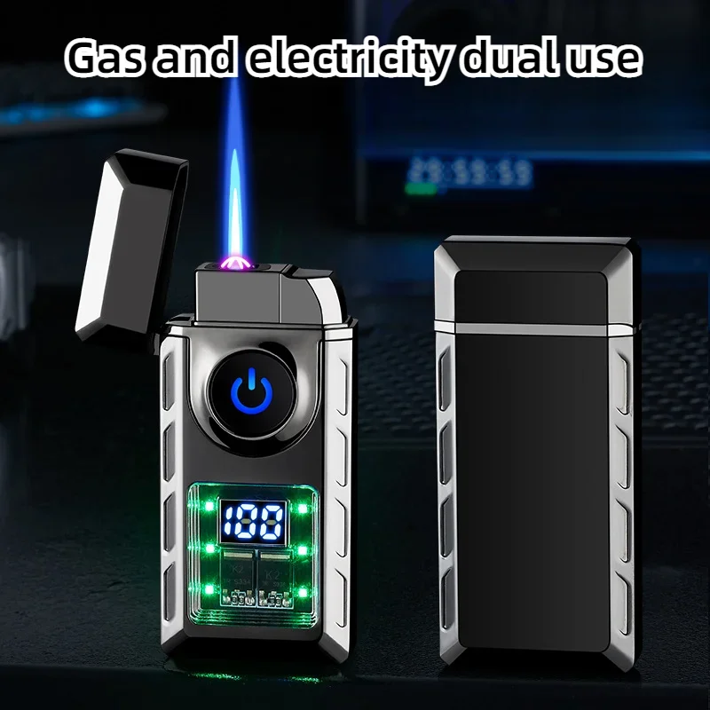 New electronic pulse cigarette lighter, gas and electric, digital display, double arc, windproof, butane gas lighter