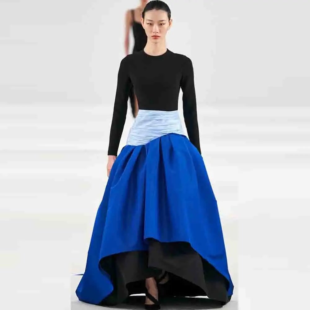 

Royal Blue A Line Long Skirt Satin Saias Girls Wedding Guest Party Gowns High Waist Women Formal Wear High Low Skirts