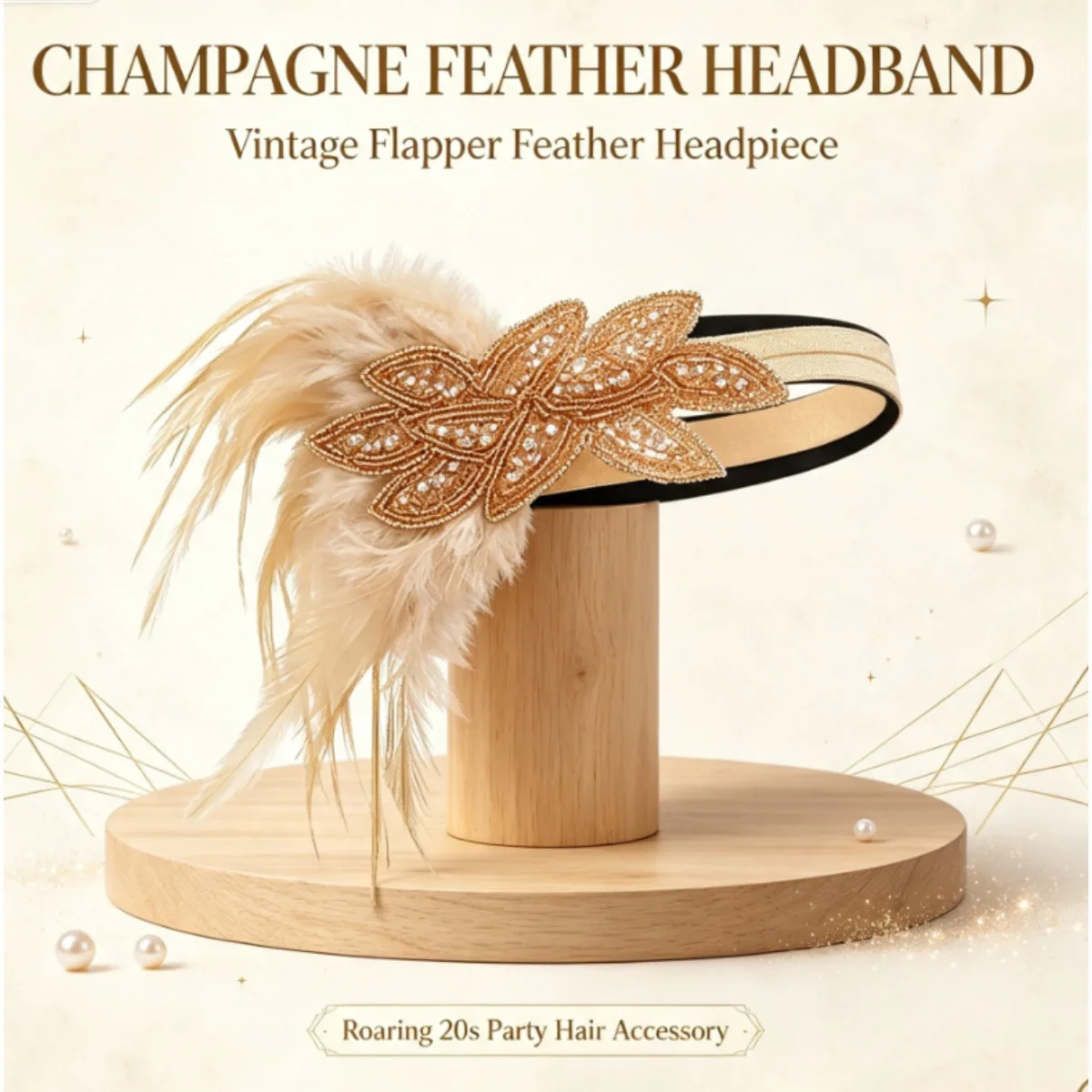 PESENAR1920s Champagne Gatsby Flapper Costume Set Feather Headband Crystal Earrings Pearl Jewelry Pink Satin Gloves for M