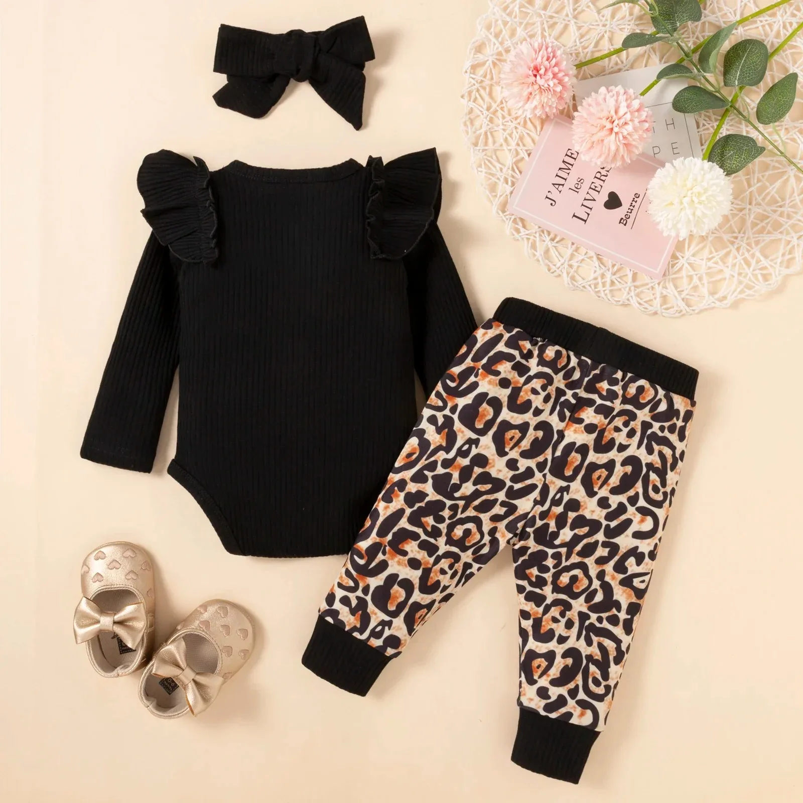 Baby Girls Leopard Clothes Outfits Cotton Long Sleeve Romper Tops Pants Headband 3Pcs Spring Fall Infant Girls Clothing