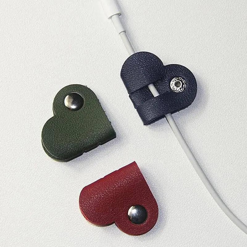 Leather Cable Straps With Snap PU Leather Cable Ties Heart-shape Cable Organizers Cable Management Cable Ties Earbud Holder