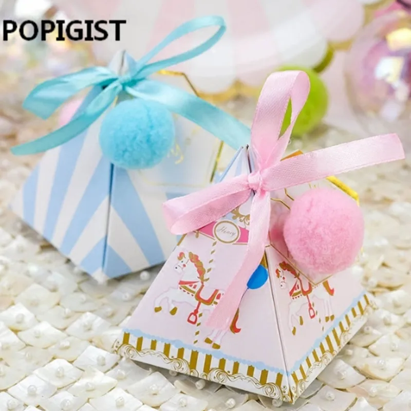 

100pcs Triangular Christening Baby Shower Blue/Pink cartoon horse Candy Boxes With Ribbon & Tags & Balls Baptism Party Gift box