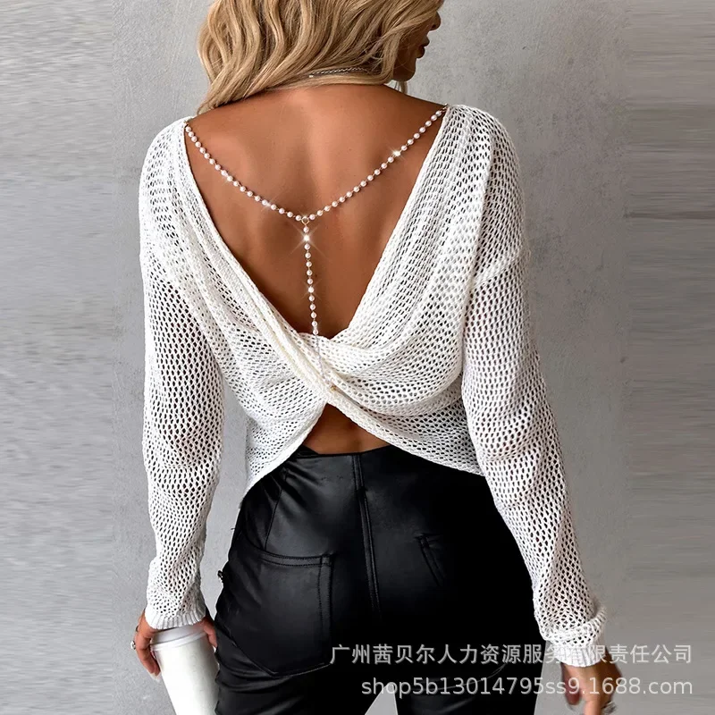 Backless Jumpers Pearls Strap Sexy Trend Back Chain Woolen Top Sweater Long Sleeve Loose Sexy See Through Twisted Knit Sweater