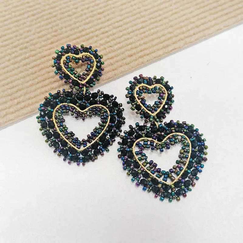 Rice bead earrings Crystal Dazzling Originality heart-shaped Hand knitting Bohemia Alloy Fashion Simple Beaded earrings