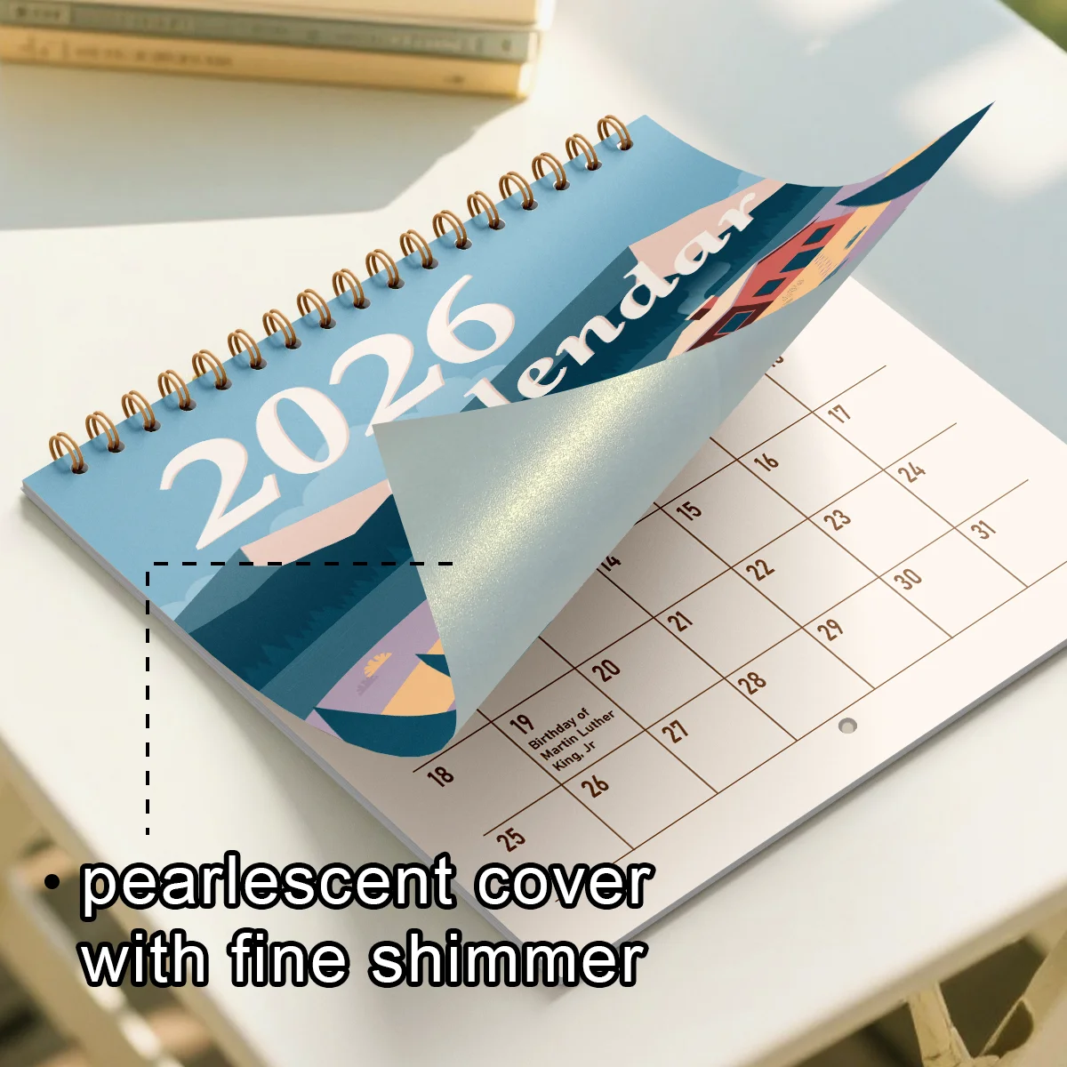 ورق بيرليسسينت 2026 مسطح للفصول الأربعة موضوع المناظر الطبيعية حلقة حديد ذهبية معلقة التقويم ، تقويم جميل بسيط 20*20 سنتيمتر