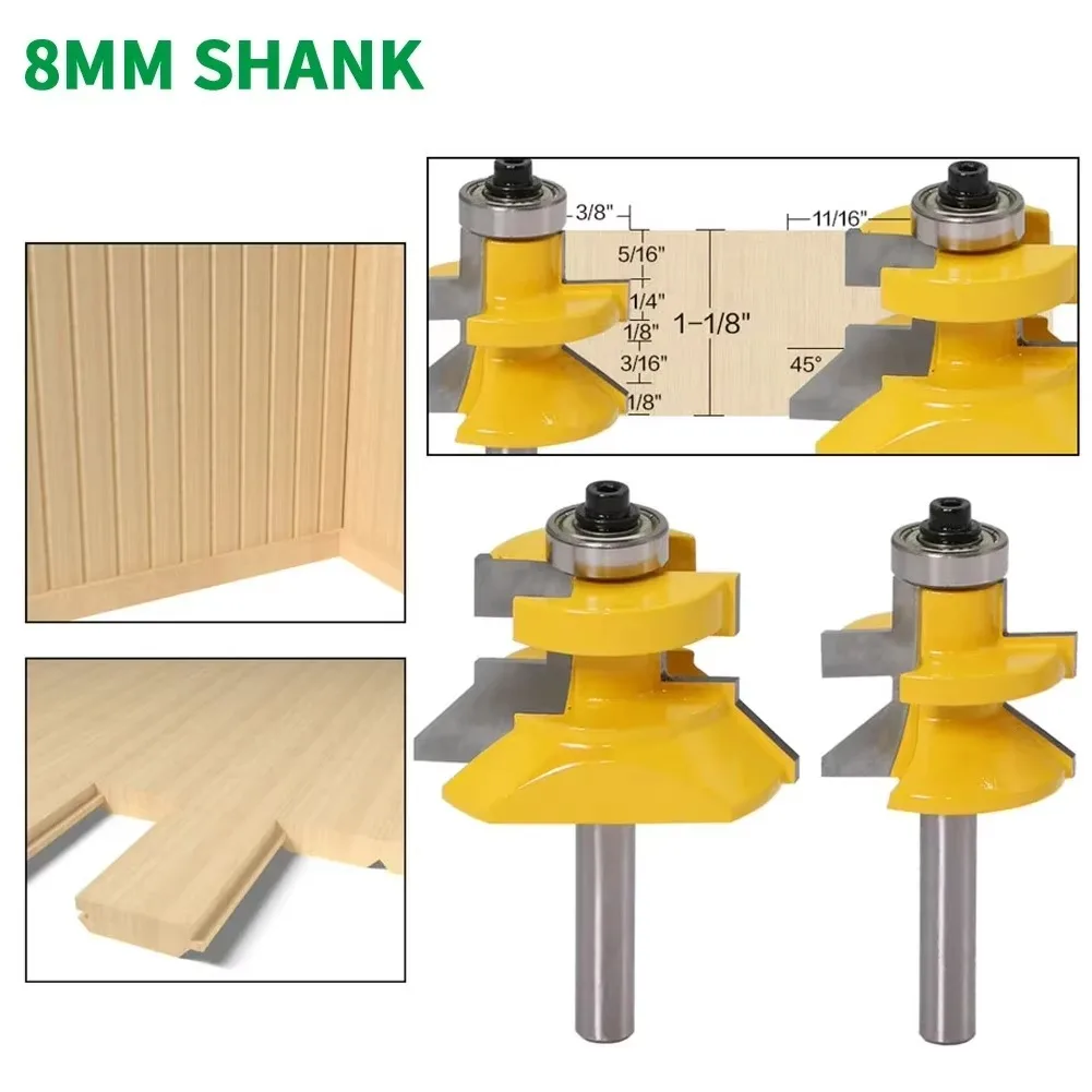 

2 шт./компл., фреза с хвостовиком 8 мм, резьба по дереву, V-образная канавка и набор фрез с язычком с шарикоподшипниками премиум-класса, деревообработка