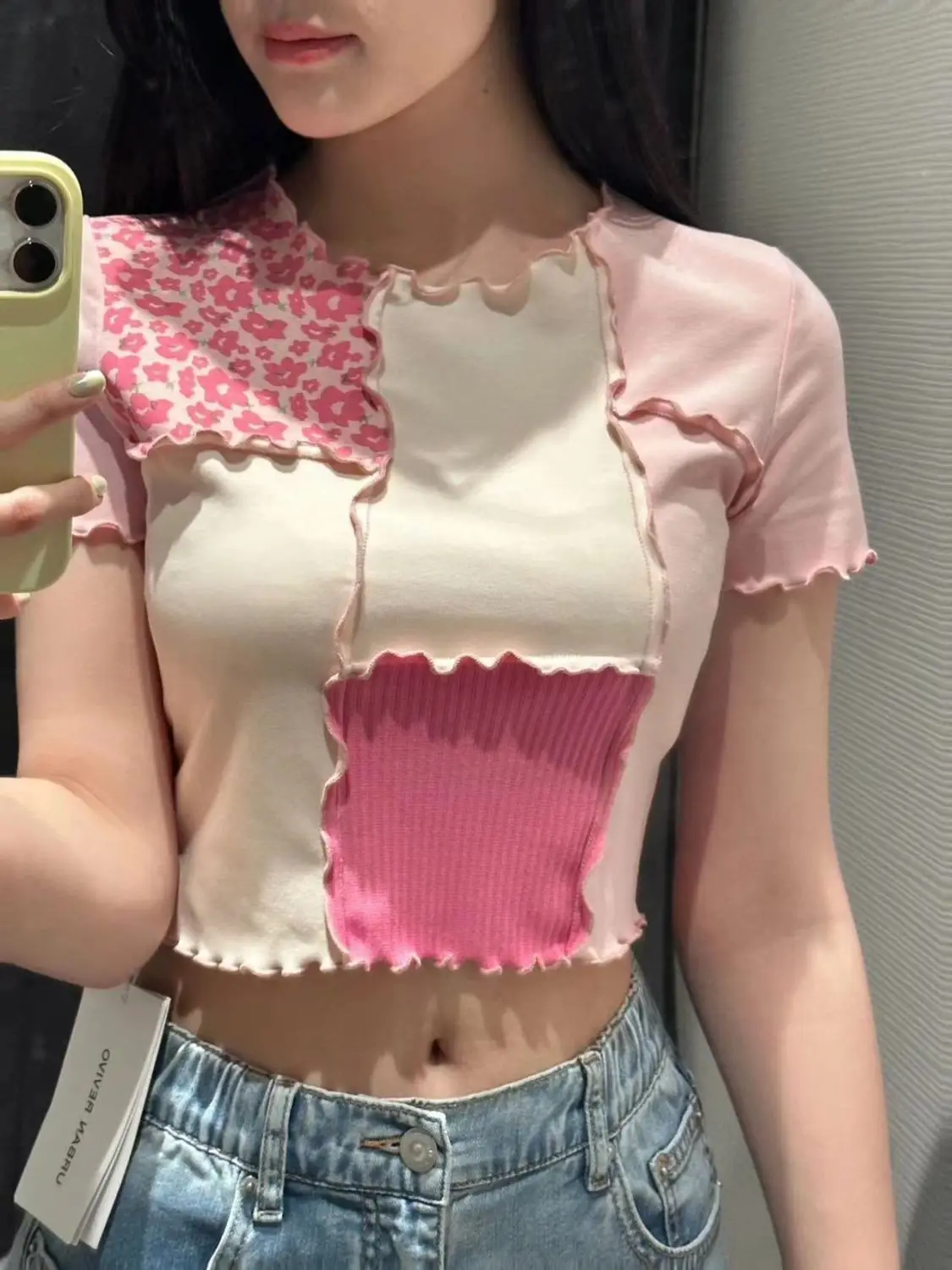 

Pink Chic Crop Tops Tees Tie Dye With Patchwork Women Summer T-shirts Ruffles Hem Clothes 2023