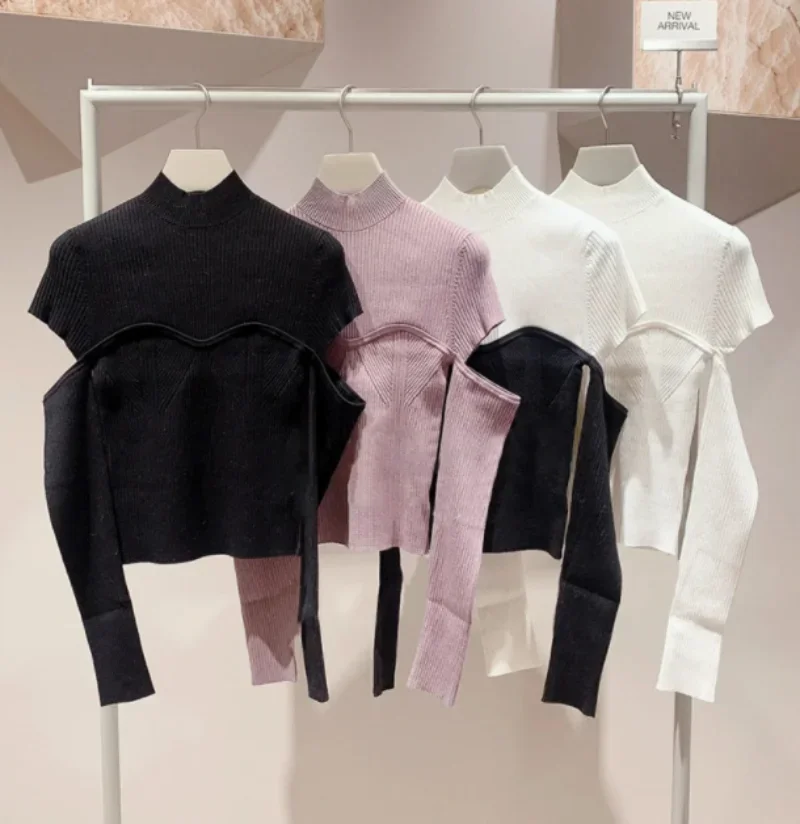 Kuzuwata Turtleneck Women Split Patchwork Pull Femme Autumn Winter Jersey Mujer Jumpers Japanese Vintage Long Sleeve Sweaters