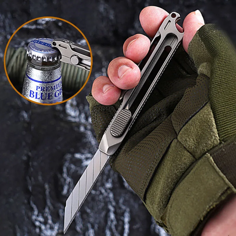 

Portable Telescopic Multifunctional Knife Titanium Alloy Handle EDC Bottle Opener Paper Cutter Replaceable Blade