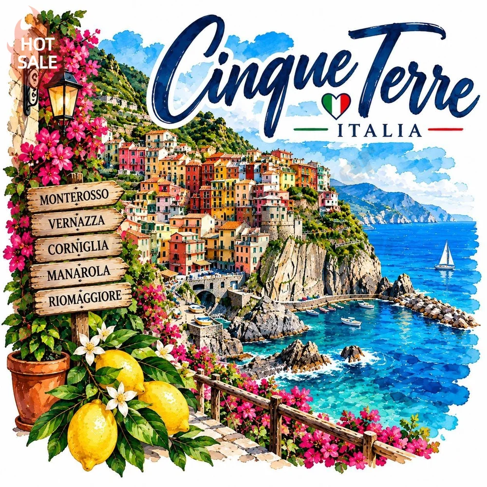 Cinque Terre Italy Watercolor Colorful Houses Sea Vinyl Sticker Artistic UV Protection For Toolbox Decal Personalized Decor