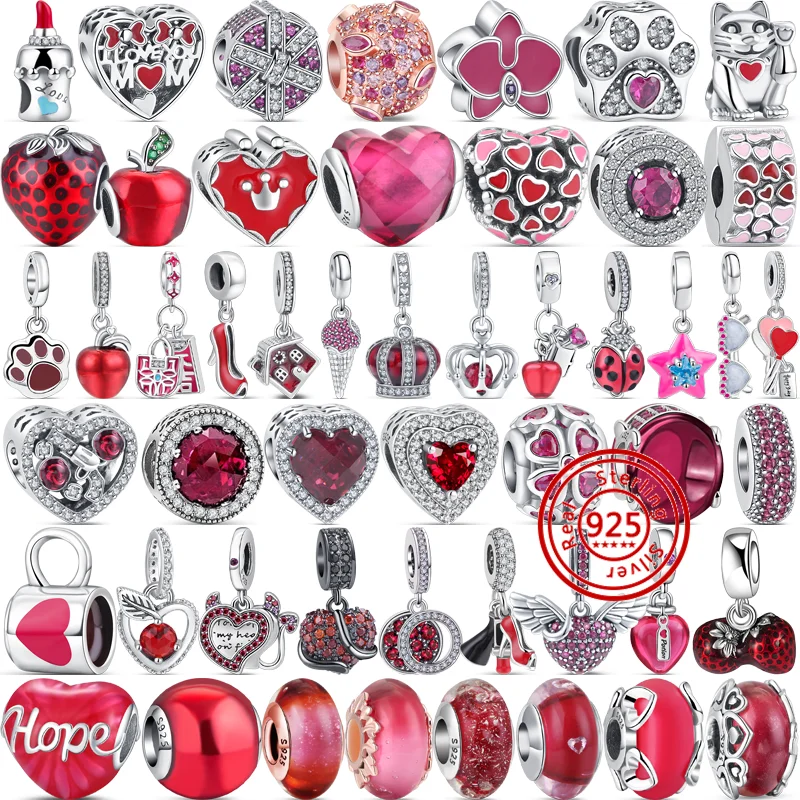 Fit Original Pandora Bracelet 925 Sterling Silver DIY Charms Red Style Heart Coffee Cup Apple Wings Hope Love Murano Glass Beads