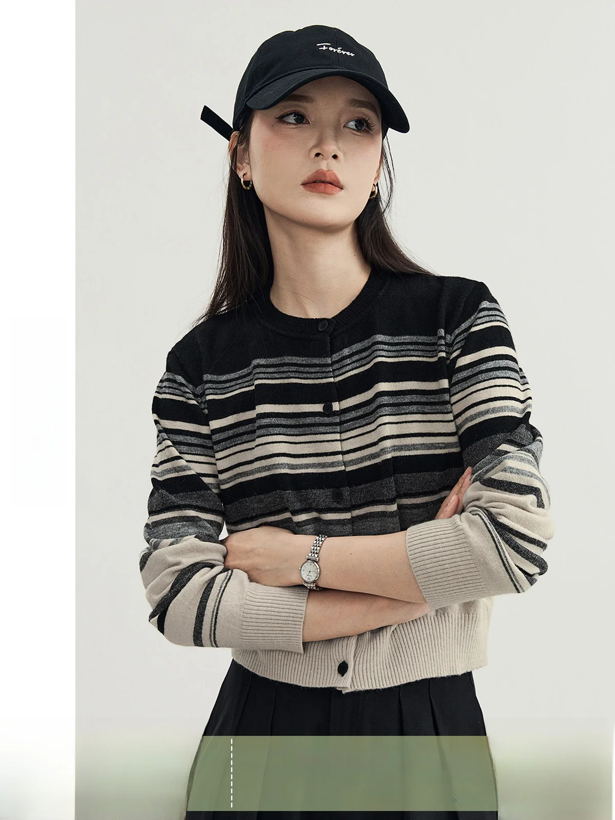 

Guier Women's Knitted ort Cardigan Striped round Ne Slim Fit Spring New Arrival Faionable Casual Sle Long Sve Top