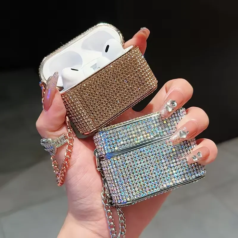 Luxury Sparkling Diamond Headphone Case for AirPods 4 3 1 Pro2 Metal Keychain Bling Hard Earphone Bluetooth Charging Cover