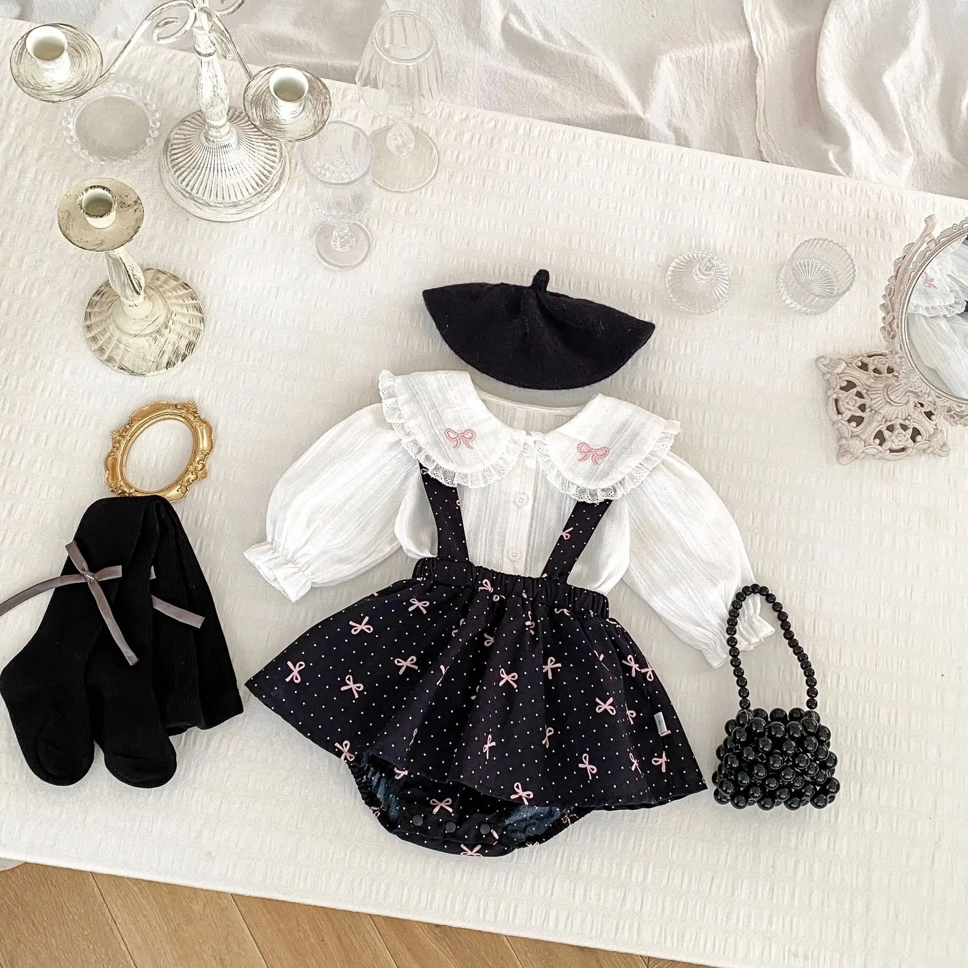 Baby Girl Spring Clothes Cute Bow Long-sleeved Doll Shirt Fart Pants Set Versatile Straps Romper Skirt